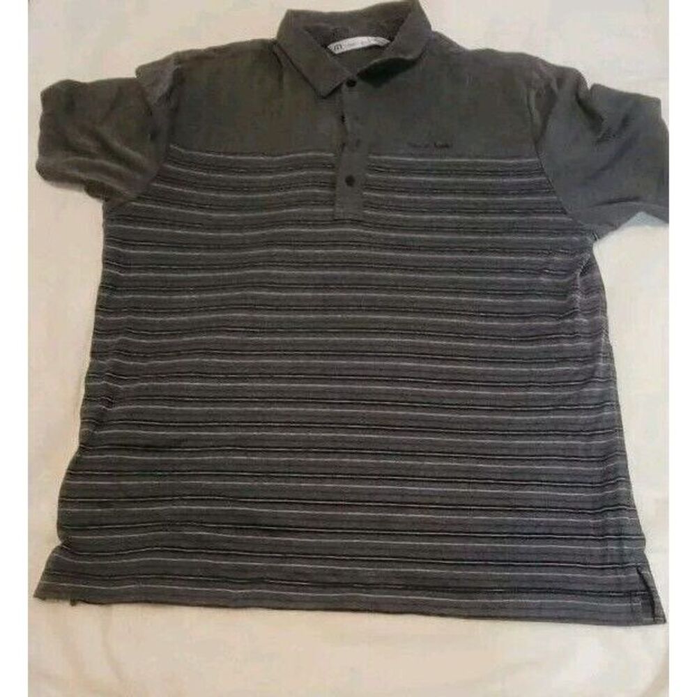 TRAVIS MATHEWS POLO SHIRT MENS SIZE XL GOLF GRAY STRIPED EMBROIDED LOGO EUC!